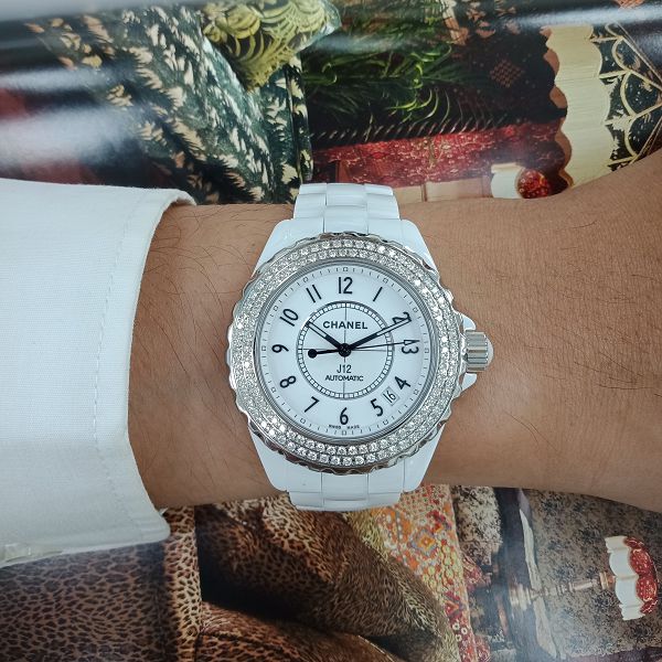 台中名錶流當 原裝 CHANEL 香奈兒 J12 38mm 陶瓷 雙鑽圈 自動 女錶 9成5新 特價出清 KR012